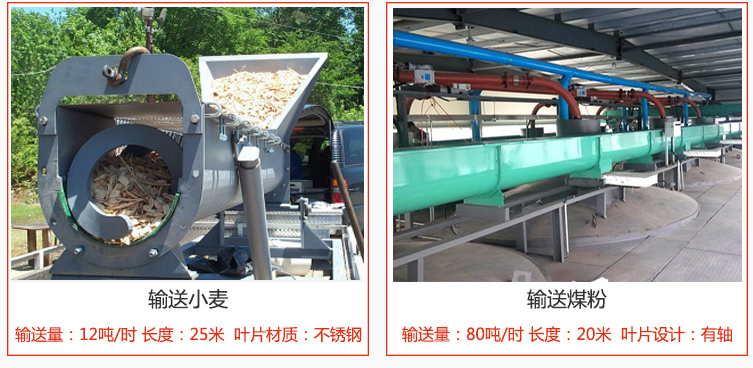絞龍螺旋輸送機輸送小麥輸送量在12噸/時，長度為25米，葉片采用不鏽鋼材質；輸送水泥輸送量在80噸/時，長度為20米，葉片設計為有軸。