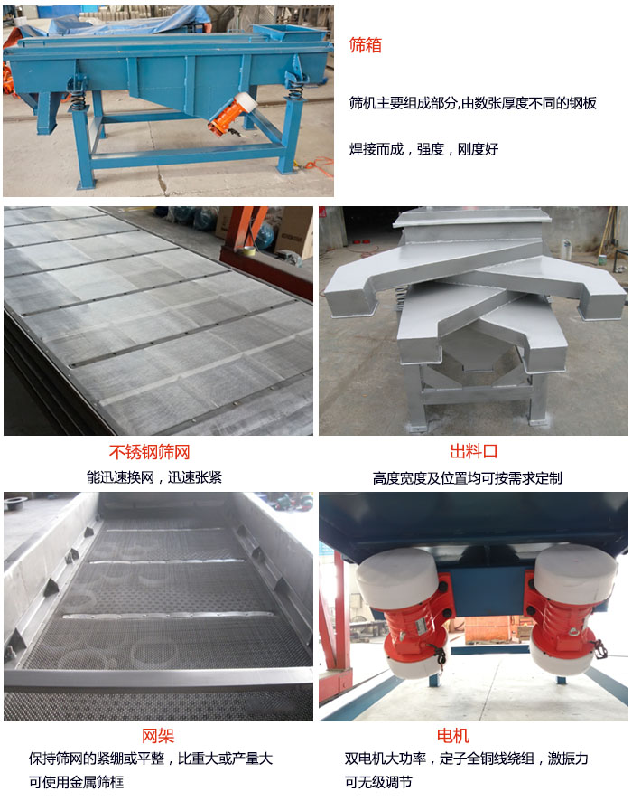 520型直線91视频下载污結構：篩箱：篩機主要組成部分，由數張厚度不同的鋼板焊製而成，強度，剛度好。不鏽鋼篩網：能迅速換網，迅速張緊。電機：雙電機大功率，定子全銅線繞組，激振力可無極調節。網架：保持篩網的緊繃和平整，比重大或產量大時可使用金屬篩框。出料口：高度寬度及位置均可按照用戶的要求來定製。